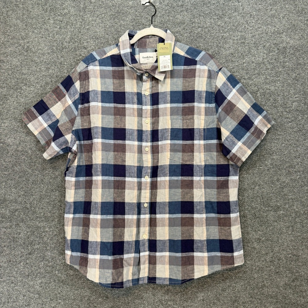 Goodfellow Button Up Shirt Mensā XL Blue Plaid Linen Blend Short Sleeve NEW